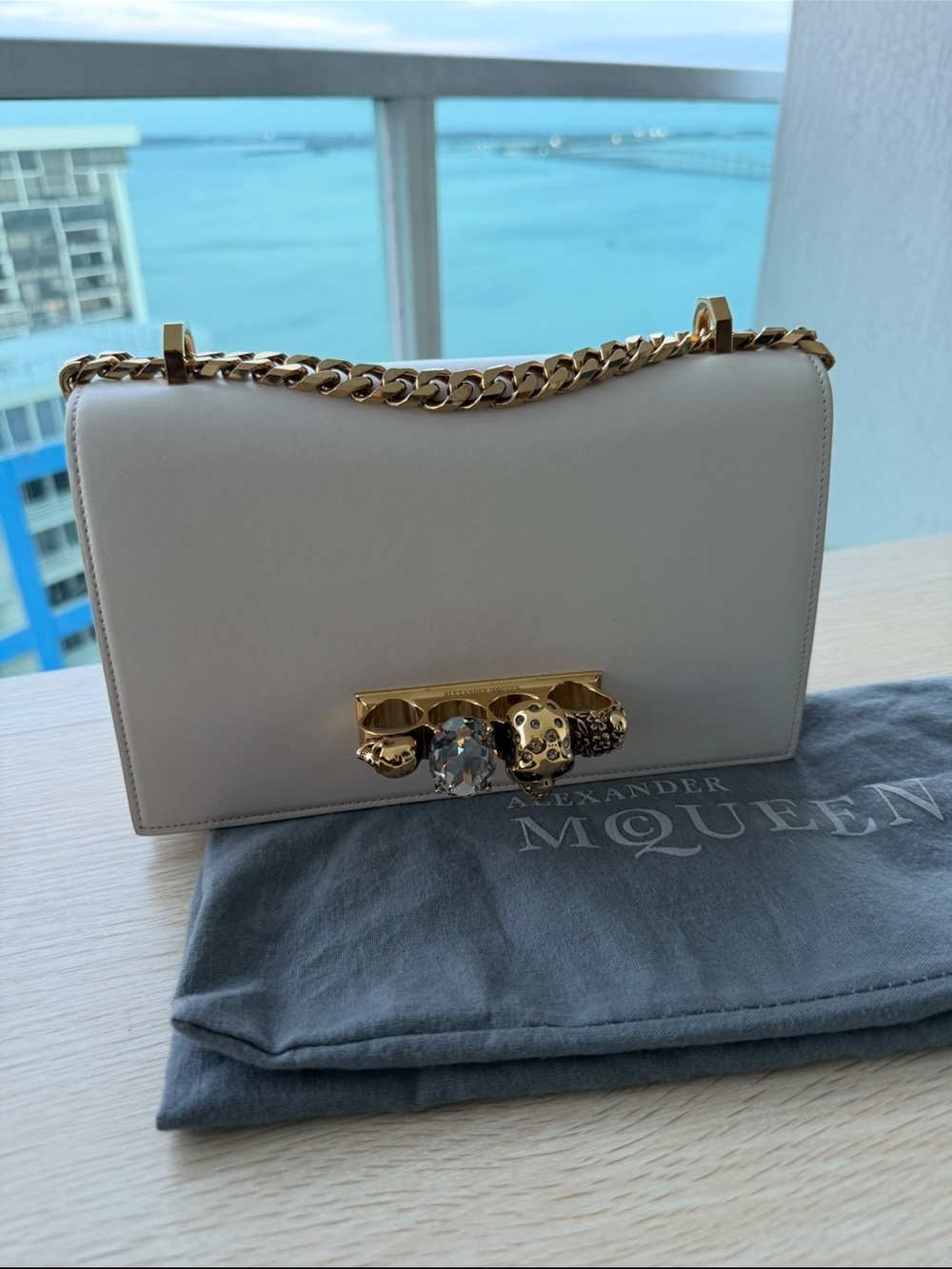 Alexander McQueen White Jeweled Chain Shoulder Bag ( large size)